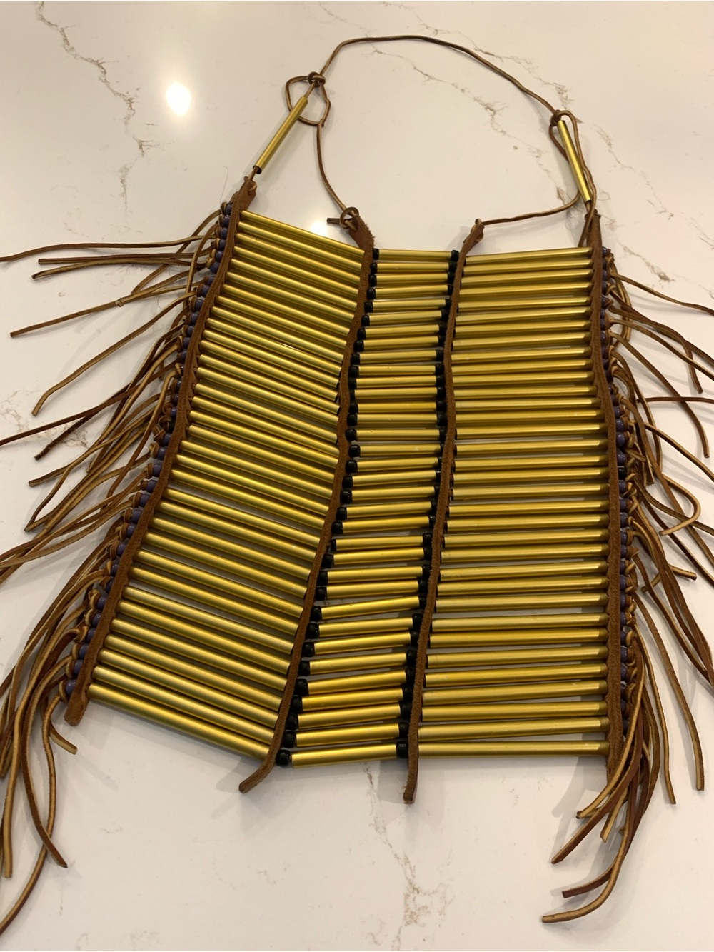 Native American Style Breast Plate Brass Bars, Leather Trim, Beaded Adjustable.